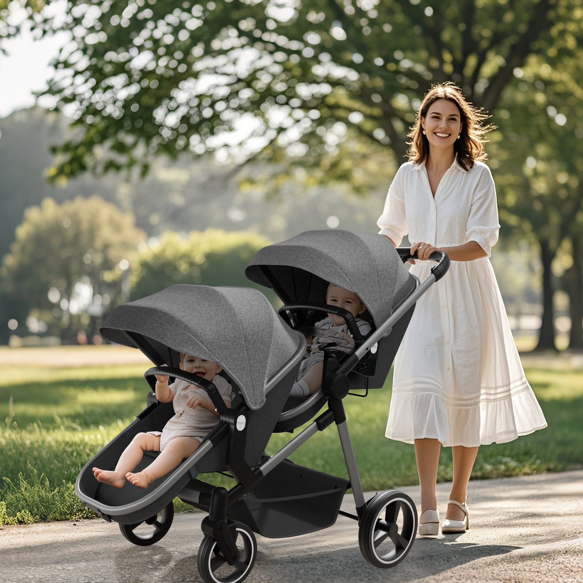 Double Stroller, Foldable Tandem for Infants & Toddlers, Reclining Seats, 5-Point Harness, Large Basket, Gray