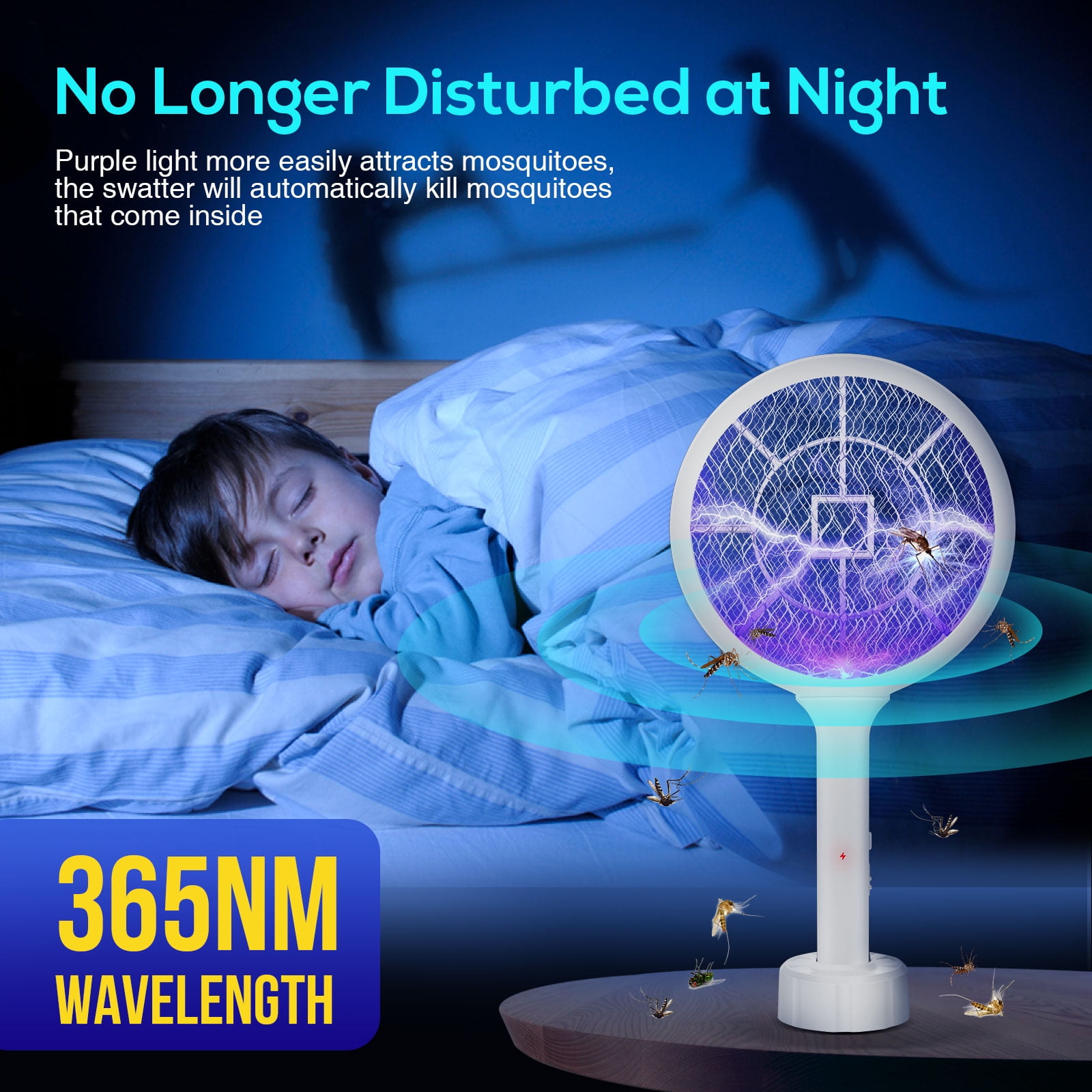 Electric Fly Swatter 3000V Bug Zapper Racket Dual Modes Mosquito Killer with Purple Mosquito Light Rechargeable for Indoor Home Office Backyard Patio Camping (White)