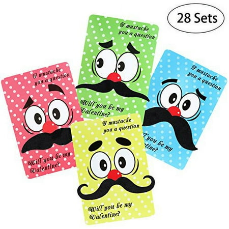 Valentine Cards for Kids, Valentines Day Cards Pack including Mustaches and Envelopes for School Valentine Party Favors - 28 Pack