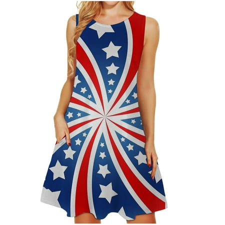 

Independence Day Women s Midi Dress Casual Crewneck Sleeveless Dresses Swing Flowy Loose Summer Beach Party Dress