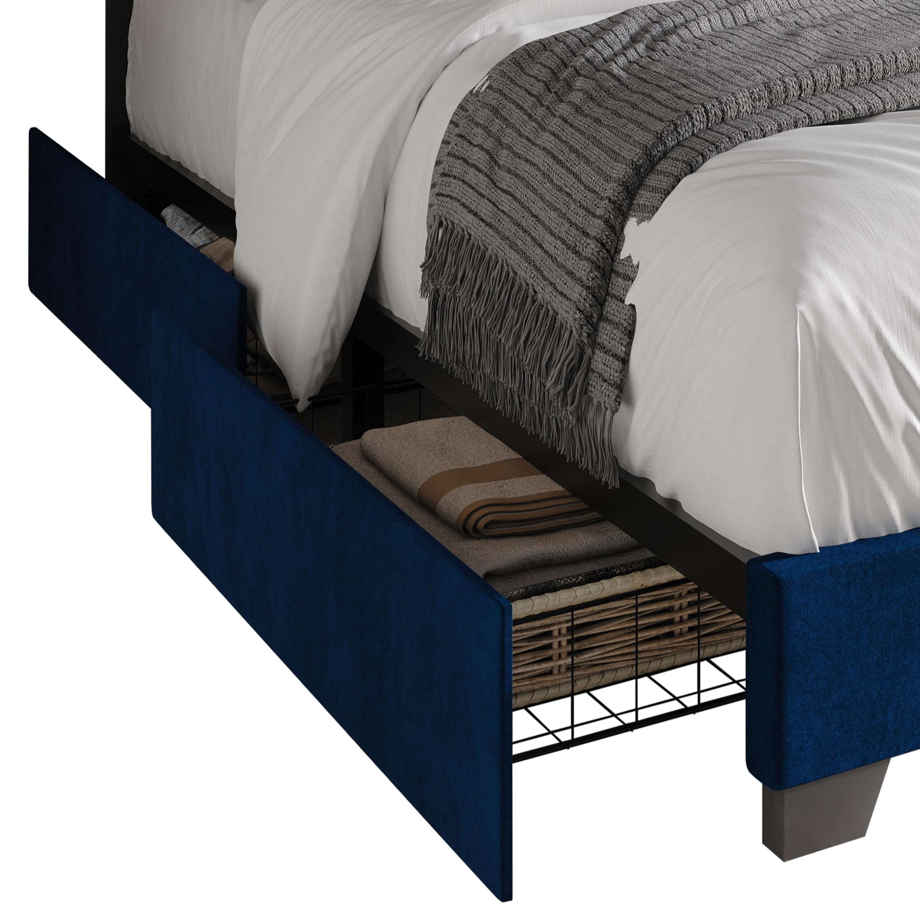 Home Design Valdez King Upholstered Storage Platform Bed Frame with Gold Aluminum Trim and Four Under-Drawers, Blue, Easy Assembly