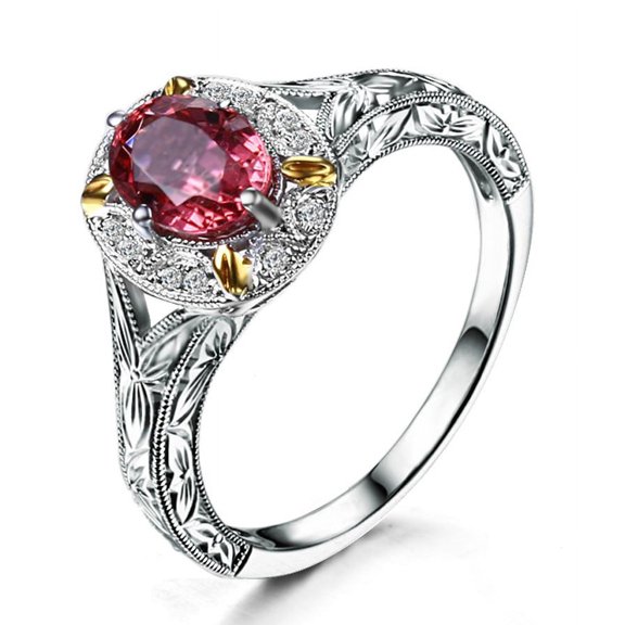 Antique 1 Carat Morganite And Diamond Moissanite Engagement Ring In 10K White Gold