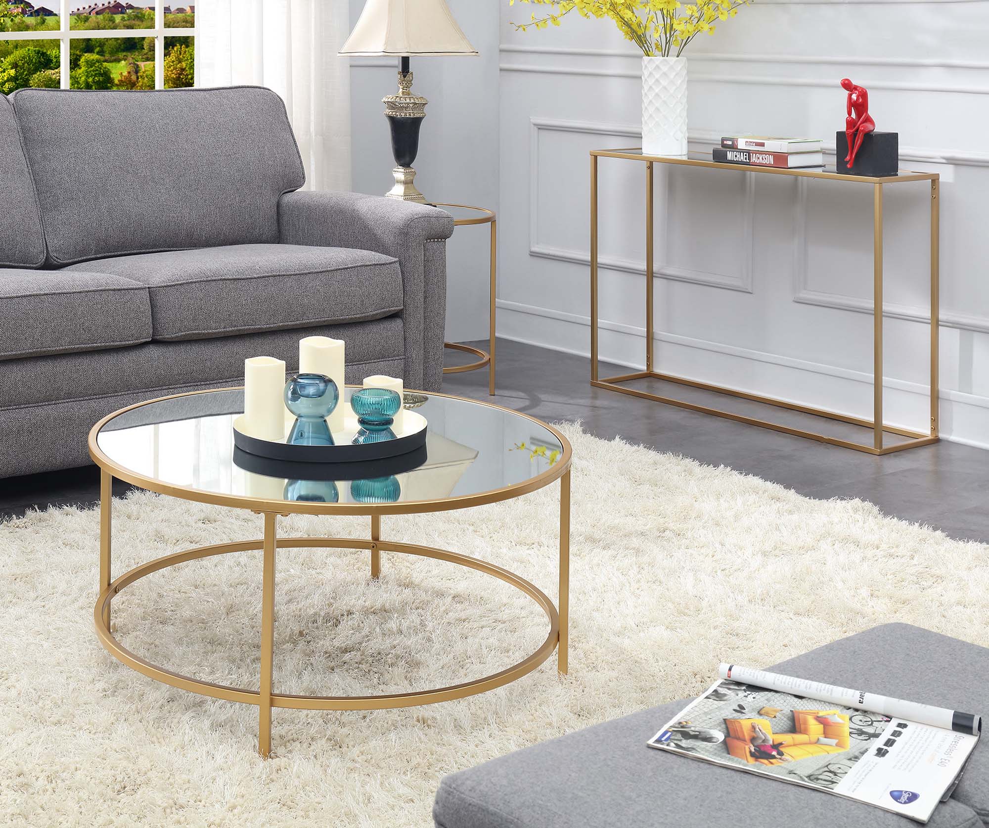 Convenience Concepts Gold Coast Mirrored Round Coffee Table, Mirrored
