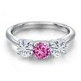 thumbnail image 3 of Gem Stone King 925 Sterling Silver Pink Created Sapphire and White Moissanite Engagement Ring for Women | 1.55 Cttw | Round 5MM | Gemstone September Birthstone | Size 8, 3 of 7
