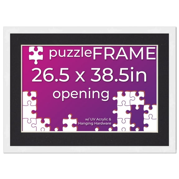 26.5x38.5 Frame for Jigsaw Puzzles - Wooden White Puzzle Frame with Mat (Black) For Puzzles Measuring 26.5x38.5 Inches