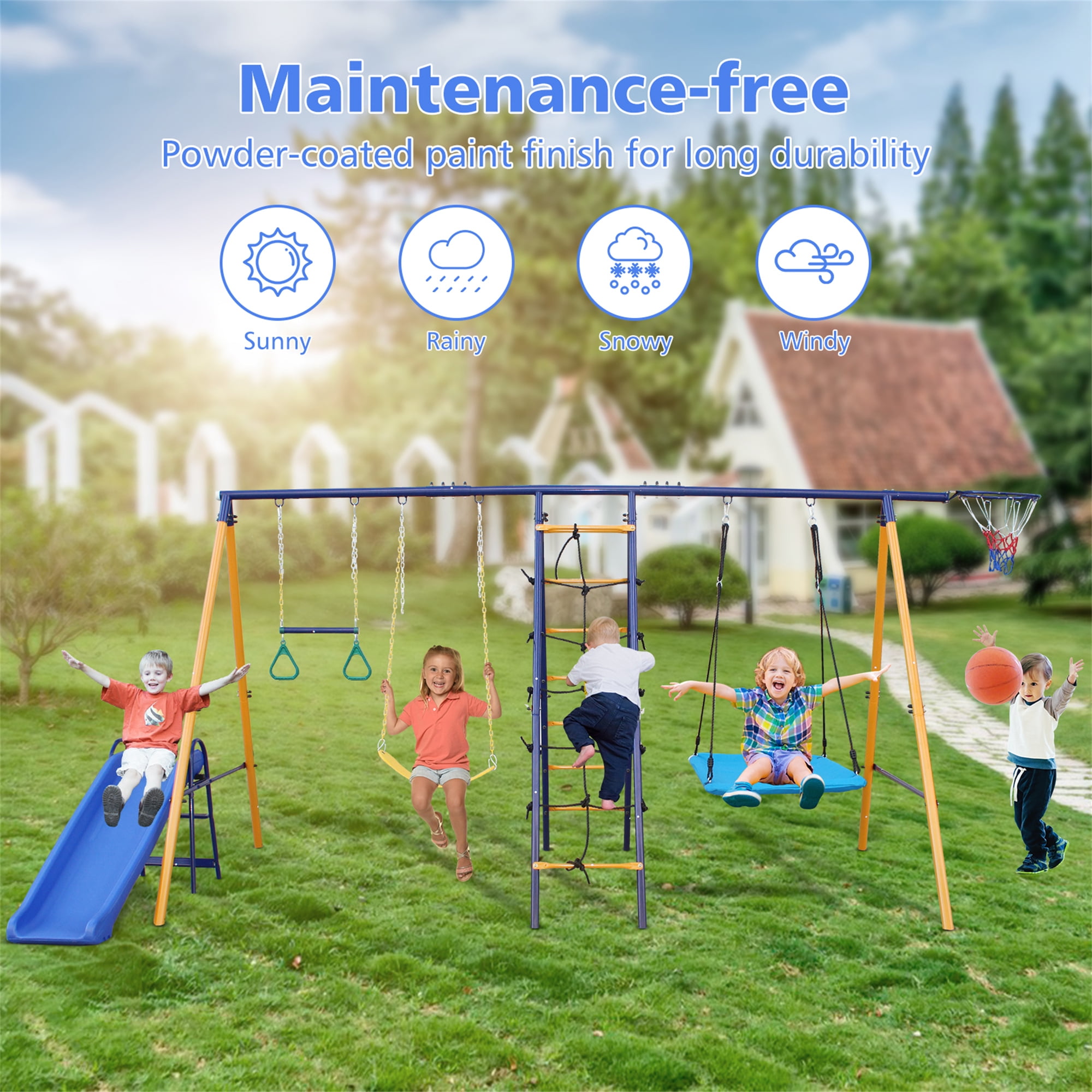 Aukfa 7 in 1 Kids Swing Set, Outdoor Heavy-Duty Metal Playset for Backyard with Slide, Climbing Net, Blue
