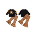thumbnail image 2 of RUINIXCW Toddler Girls Halloween Outfits Ghost Embroidery Bow Long Sleeve Sweatshirt and Elastic Plaid Flare Pants Set, 2 of 8