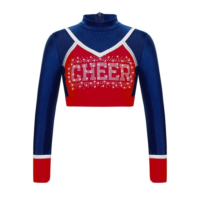 CHICTRY Girls Cheerleading Cropped Tops Shiny Rhinestone Contrast Color Long Sleeve Mock Neck Gymnastic Dance Tee Navy Blue 8