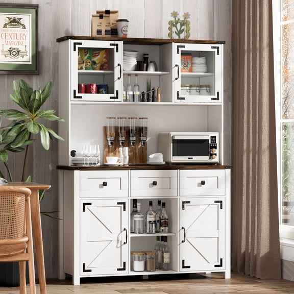 PAKASEPT Farmhouse Kitchen Pantry Storage Cabinet, 68" Buffet Hutch Storage Cabinet, with Microwave Oven Countertop, 3 Drawers, 2 Glass Cupboard, 2 Wood Cupboard, for Dining Room, White