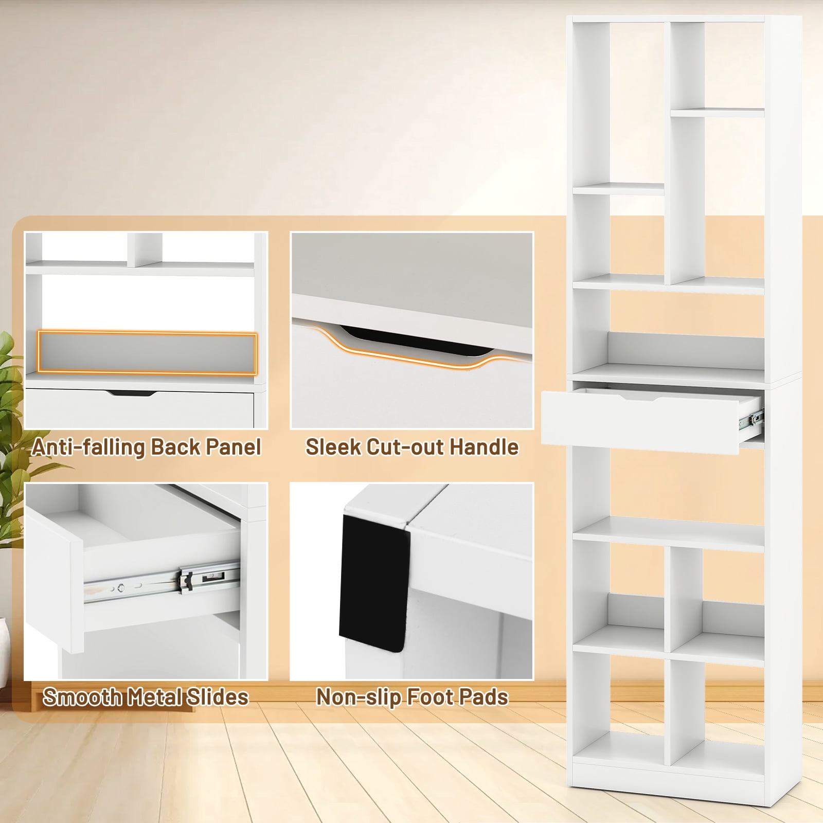 Gymax 71'' Tall Bookcase w/ Drawer Modern Bookshelf w/ 10 Open Cubes Display Rack