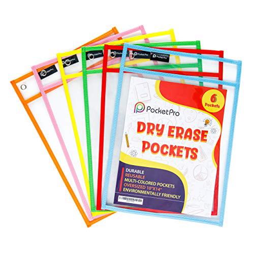 10-Pack Dry Erase Pockets Reusable Plastic Paper Sleeves,9 x 12 Inches,Mixed Colors,Homeschool Supplies Clear Folders