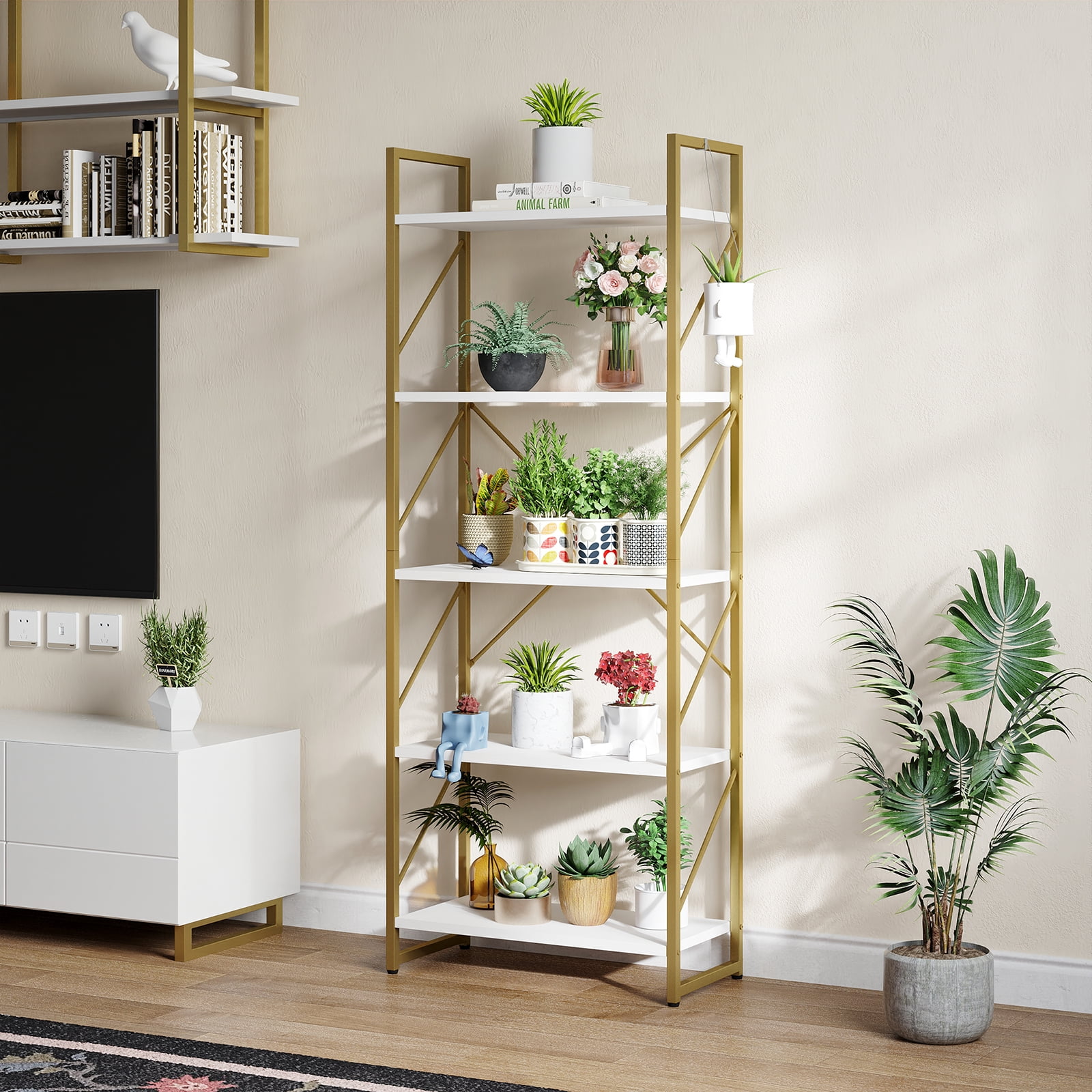 Dextrus 5-Tier Gold & White Bookshelf, Modern Freestanding Bookcase with Open Storage Shelves for Bedroom, Living Room, Office