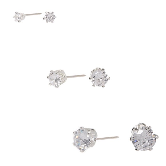 Claire's Lot de 3 Boucles d'Oreilles Clous en Cristal Argenté