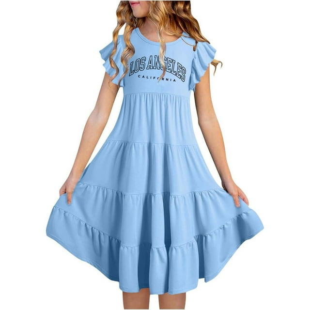 Girls Summer Dresses Double Layer Flutter Sleeve Flowy A Line Dress Casual Gradient Midi Dresses
