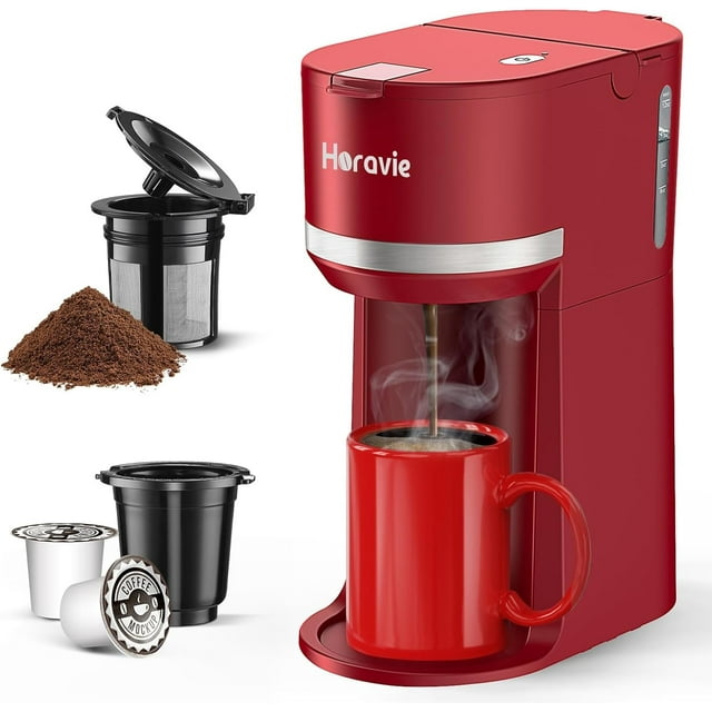 Single Serve Coffee Maker Machine for K-Cup and Ground Coffee, 6 to 12 oz. Brew Sizes, Fast Brew Single Cup Coffee Machine with Descaling Reminder and Water Window, Perfect for Small Spaces, Red