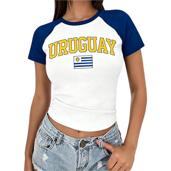 Gsakboxl T Shirts for Women Women Retro World Cup National Flag Fan Support Cropped Short Sleeve T Shirt Soft Breathable Lightweight Casual Going Out Summer Fashion Top For Sports Supporters Blue L