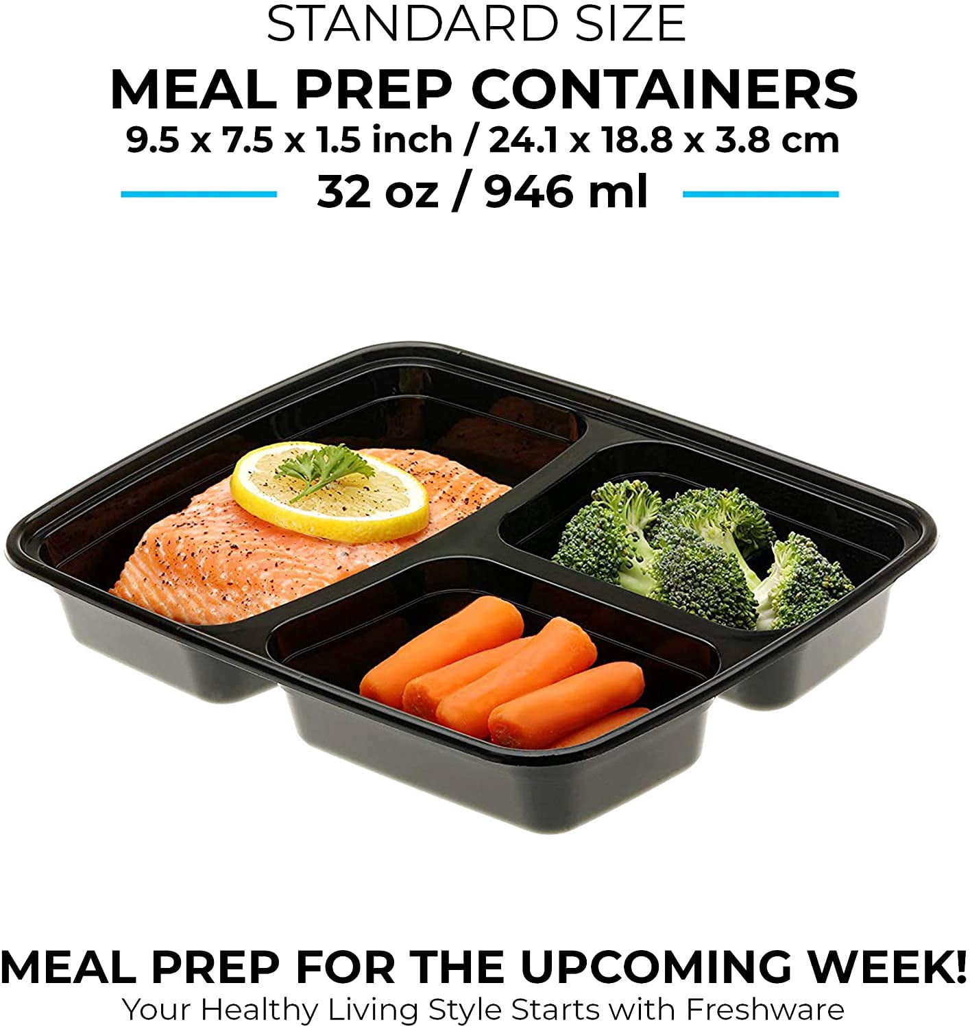 Freshware Meal Prep Containers [150 Pack] 3 Compartment with Lids, Food Containers, Lunch Box, Stackable, Bento Box, Microwave/Dishwasher Safe (32 oz)