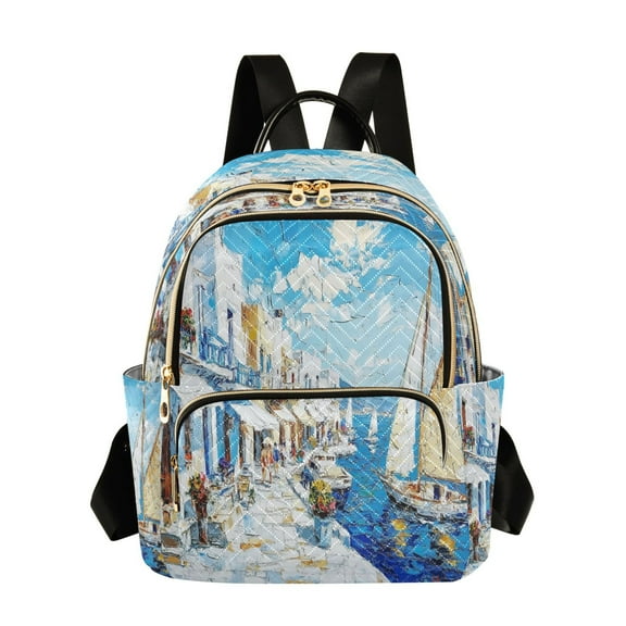 Casual Mediterranean Seaside Village Backpack for School,College and Travel, Water Resistant Bookbag,