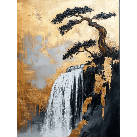 Waterfall Tree Gold Foil Decorative Painting/Canvas Art, Suitable for Living Room, Bedroom, Office, Dining Room, Kitchen, Bathroom, Study Room, Hallway, Hotel, and Restaurant Decoration.