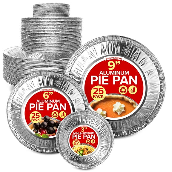 Disposable Aluminum Foil Pie Pans Set (75 PCS) Heavy Duty Baking Pans (25) 9”, (25) 6”, (25) 3” Inch Cooking, Heating, Food Prep, Holiday Dinner Meals