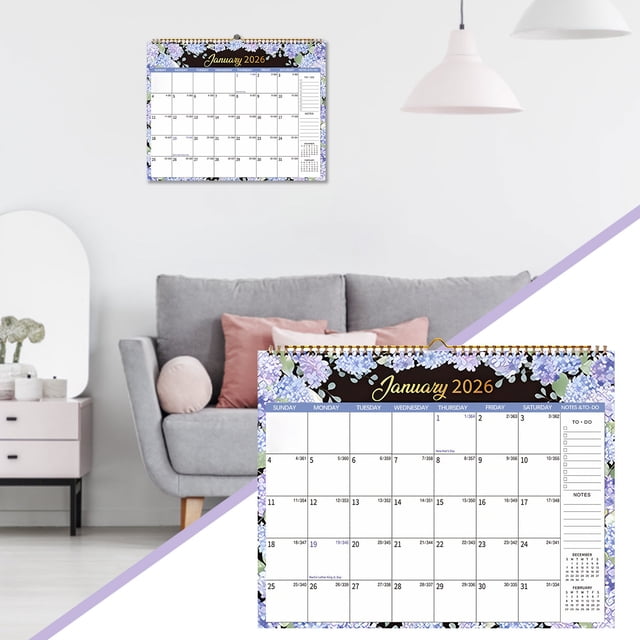 Calendario en espiral floral, calendario de 12 meses, decoración de pared, estilo moderno, alta calidad, fácil de instalar, para oficina, metal frame, 2026