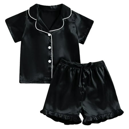 Girls Satin Pajamas Pink Pj Set Girls Satin Pajamas Set Button Down 2 Piece Silk Pjs Shorts Set Ruffle Sleepwear Black 12-13 Years