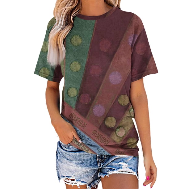 Blusa de Manga Corta Cuello Redondo Impreso Señoras Casual Top, Blusa Ligera de Poliéster para el Trabajo, la Fiesta Y Toda la Temporada de Uso Diario