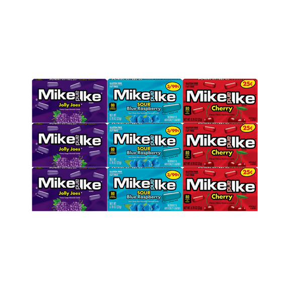 Variety Pack Mike and Ike Candy – Sour Blue Raspberry, Jolly Joes, Cherry – 9 Pack (3 Each Flavor) – Chewy Fruity Candy – Individually Wrapped 0.78 oz Boxes – Perfect for Snacking and Sharing