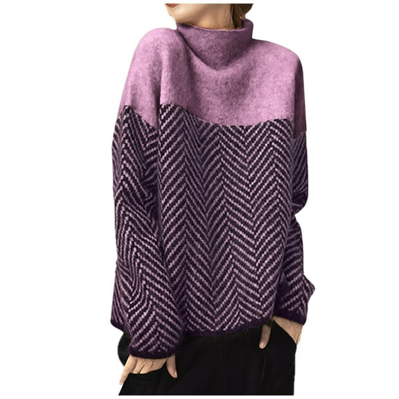 LBLOE Sweaters for Women Women's Turtleneck Sweaters Long Sleeve Oversized Color Block Patchwork Knitted Pullover Purple