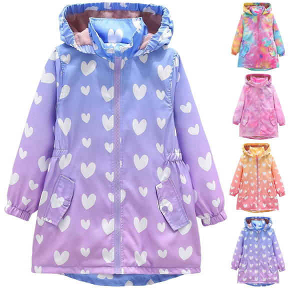 Maqroz Girls Rain Jackets Waterproof Hooded Fleece Lined Raincoats Full Zip Hearts Graphic Lightweight Windbreakers for Kids Cozy Travel Hiking Jackets with Pockets