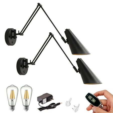 

Kiven Battery Operated Iron Swing Arm Wall Lamp Vintage Black Rechargeable Wall Sconces E26 Socket Bulb Included ( Warm White) Set of 2