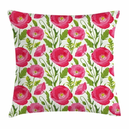 Inspiration Bouquet - Poppy Throw Pillow Cushion Cover, Leaves and Petals Watercolor Flowers Bouquet Romance Inspiration Valentines Day, Decorative Square Accent Pillow Case, 18 X 18 Inches, Green Pink Cream, by Ambesonne