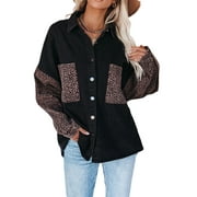 Qiylii Women's Long Sleeve Button Down Leopard Contrast Loose Denim Jackets