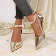 thumbnail image 2 of Women's Pointed Toe Kitten Heels Satin Bridal Pumps Sandals Bow Ankle Strap Pearls Stilettos Wedding Sexy Prom Party Dress Shoes Gold Size 7.5, 2 of 6