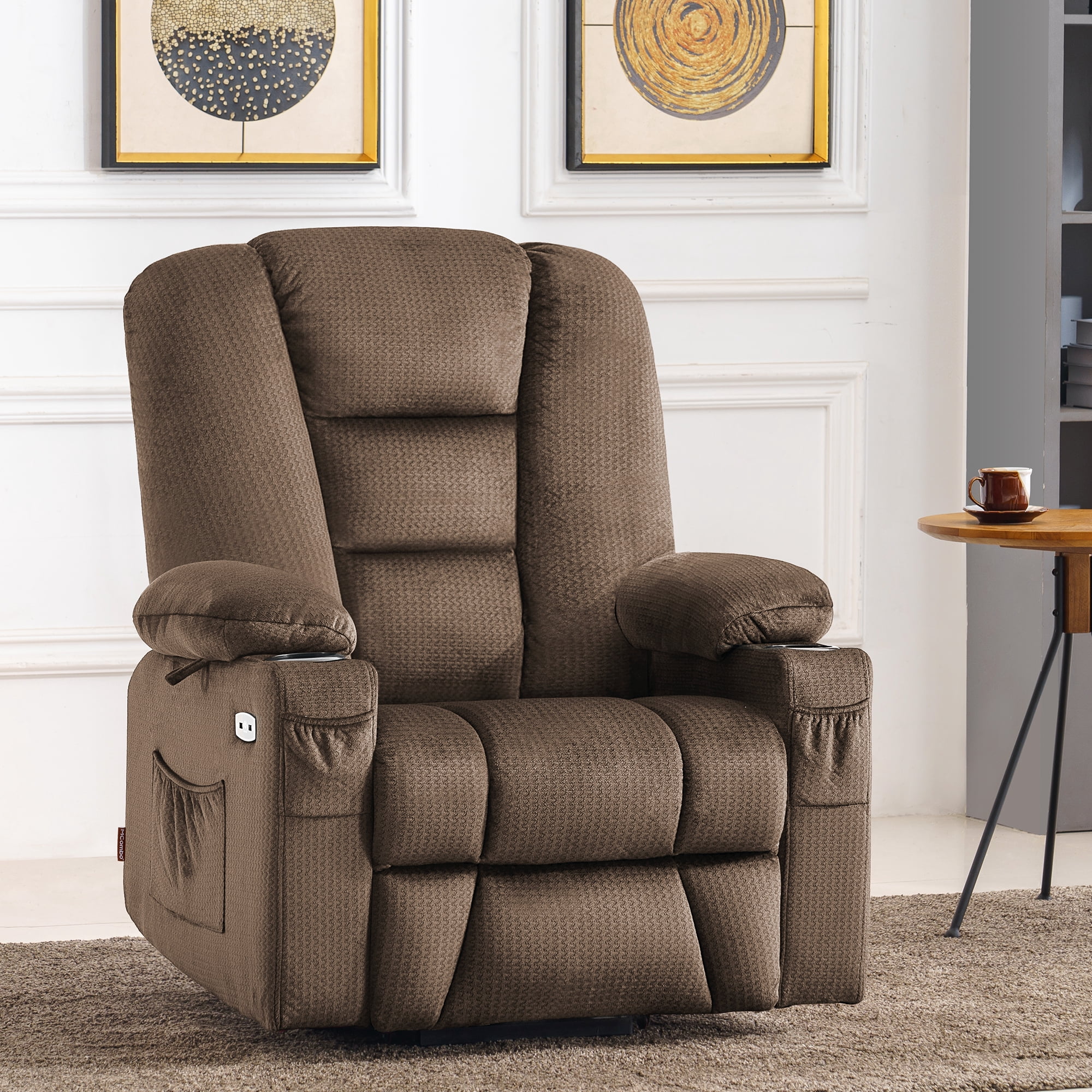 MCombo Large Power Lift Recliner Chair Sofa with Massage and Heat for Elderly People, Extended Footrest, Hand Remote Control, Lumbar Pillow, Cup Holders, USB Ports, Fabric 7549 (Large, Brown)
