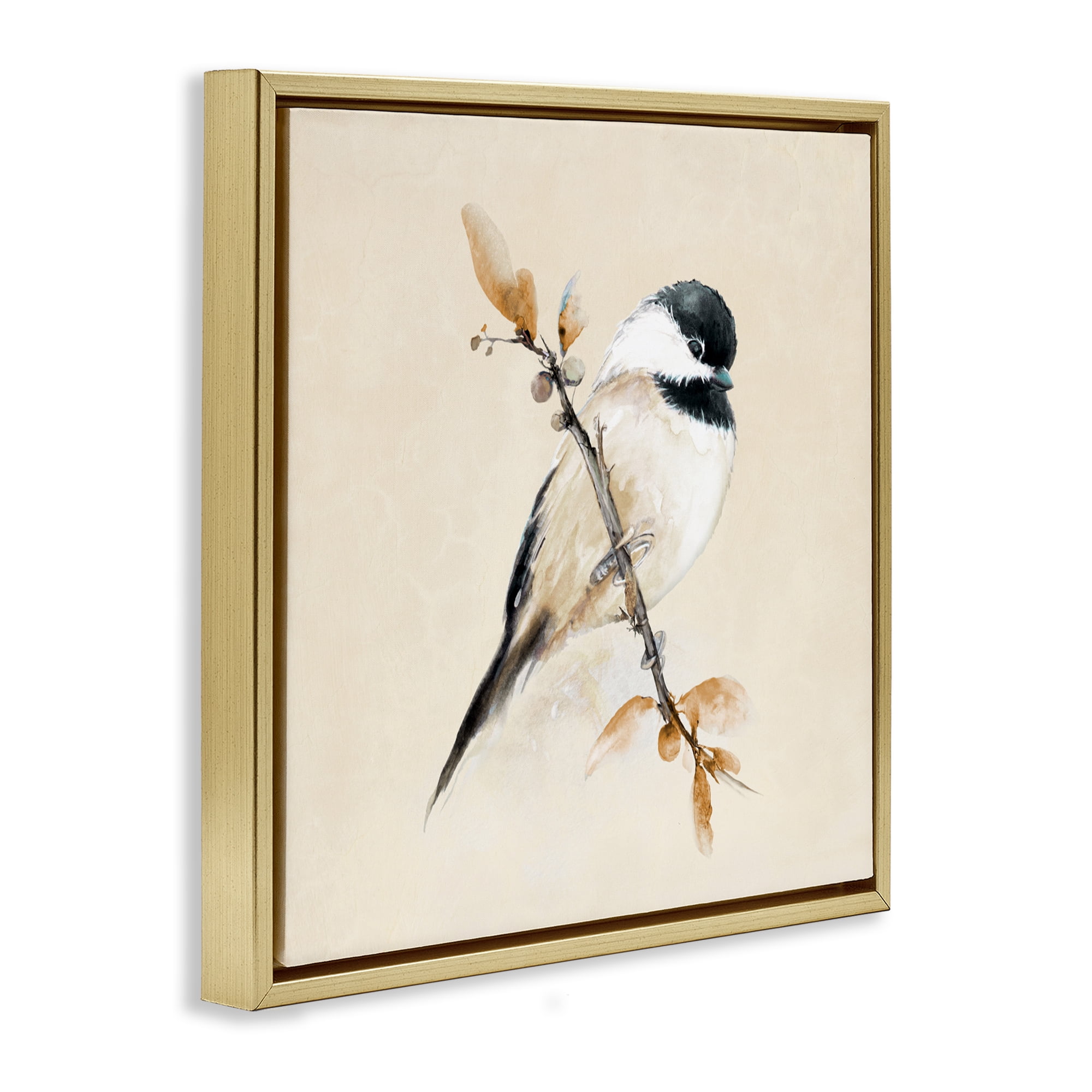 Stupell Industries Muted Watercolor Chickadee Gold Framed Floater Canvas Wall Art, design by Diannart
