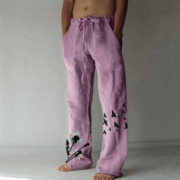 Pantalones largos de verano para hombre, de algodón y lino, con pierna ancha, estampados, con cordones, para deportes y vacaciones