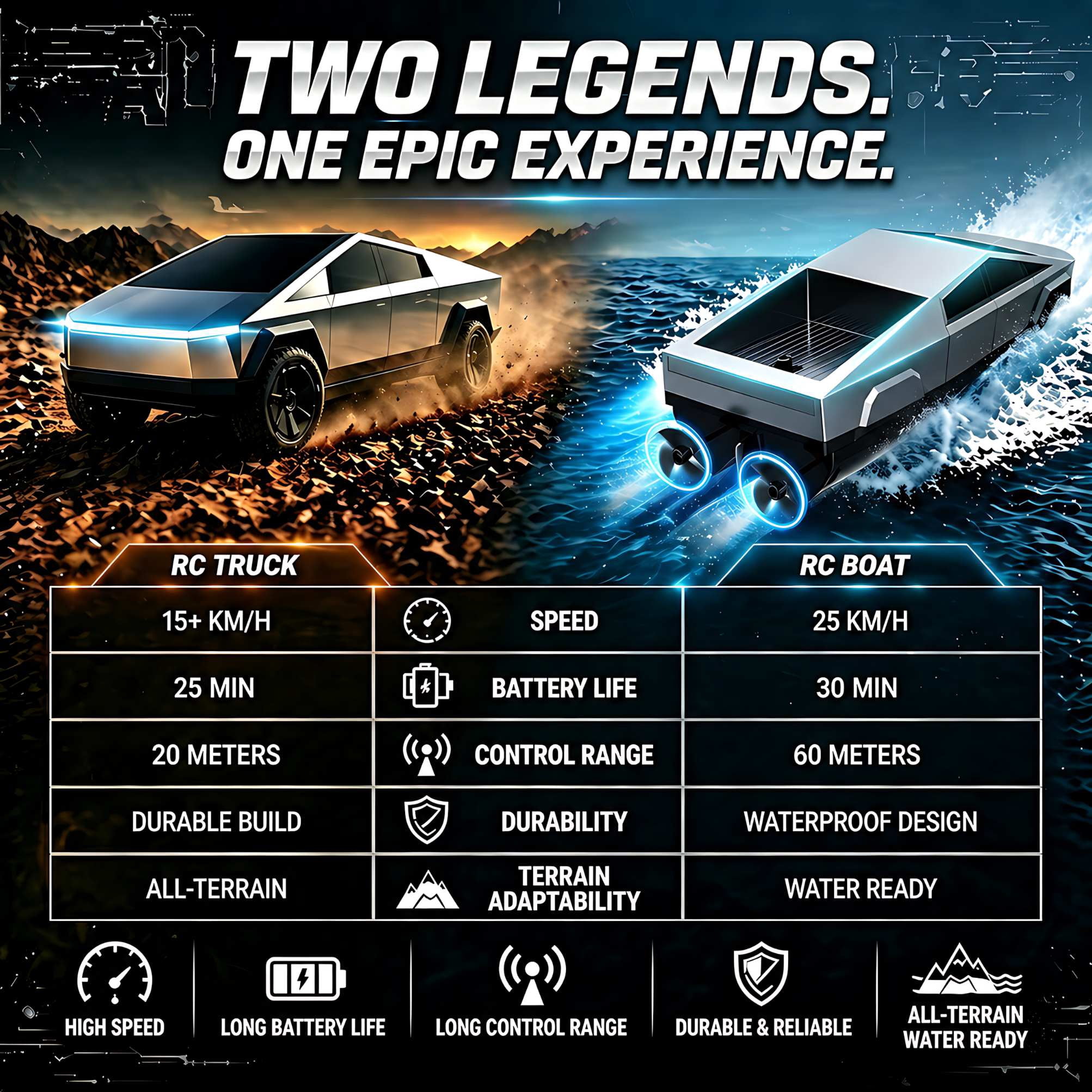 Cybertruck Remote Control Car and Boat Set, 2.4GHz High-Speed RC Watercraft and Truck with Rechargeable Batteries for Kids and Adults