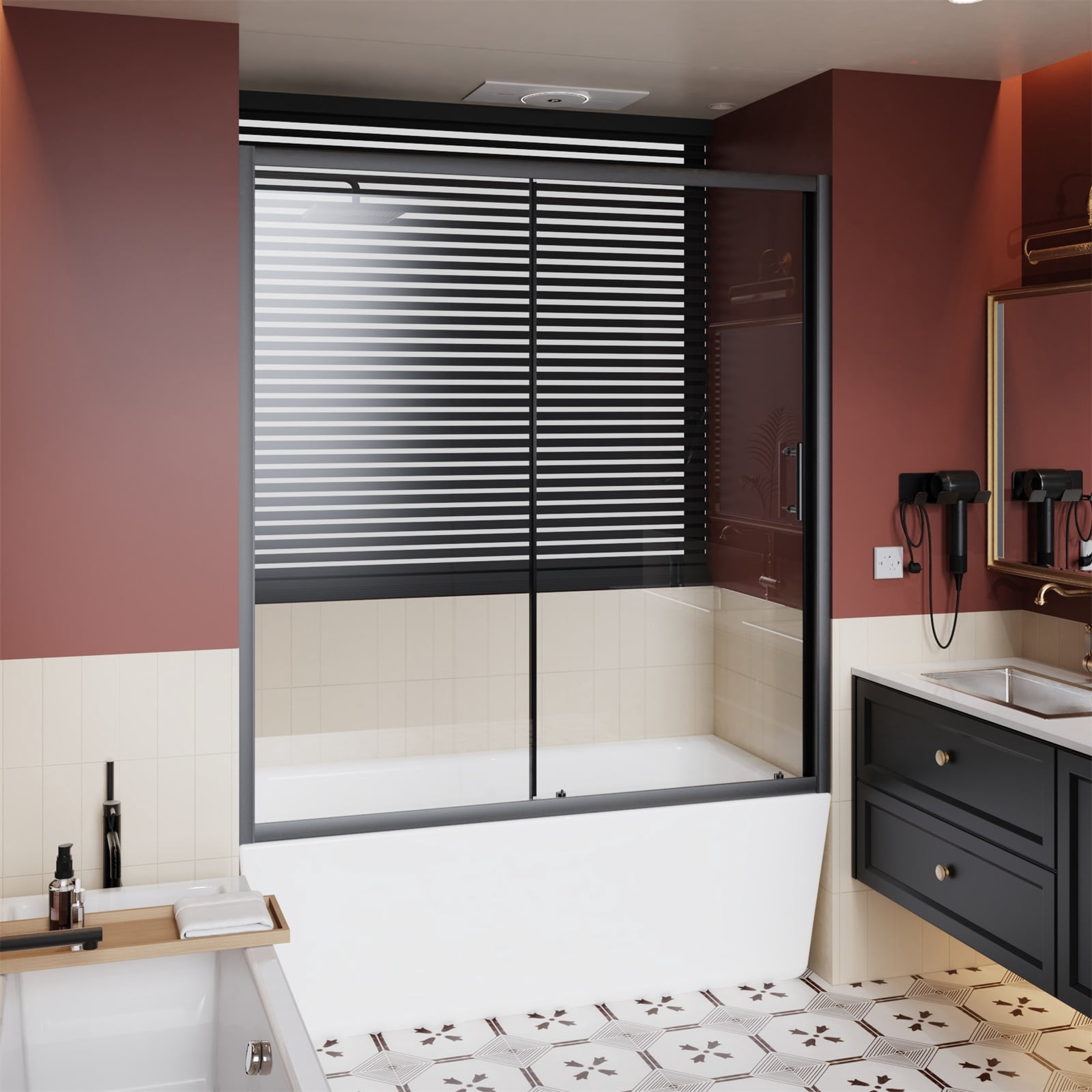 Hommoo 60"W x 62"H Single Sliding Bathtub Shower Door, 1/5" Clear Tempered Glass Shower Door with Stainless Steel Handle, Matte Black
