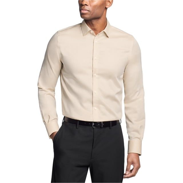 Michael Kors Mens Slim Fit Cotton Linen Button Down Dress Shirt, Beige, 15-15.5