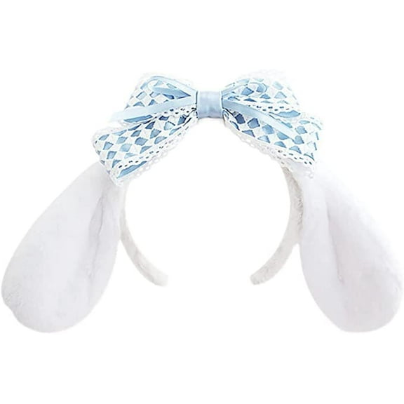 Cute Fuzzy Head Bands for Girl's Hair, Handmade Lolita Hairband with White Long Ears and Blue Lace Bow Decor, Comfortable Kawaii Headband for JK Outfit, Costume party, Cosplay, Easter