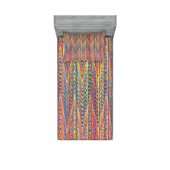 Ambesonne Abstract Fitted Sheet & Pillow Sham Set, Colorful Zig Zag Lines, Twinxl, Multicolor