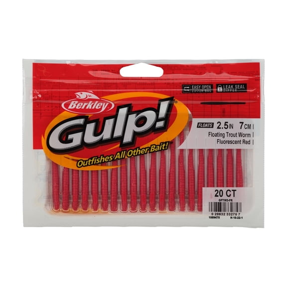 Berkley Gulp!® Floating Trout Worm, 2.5 in, Worms, Fluorescent Red (20-count)