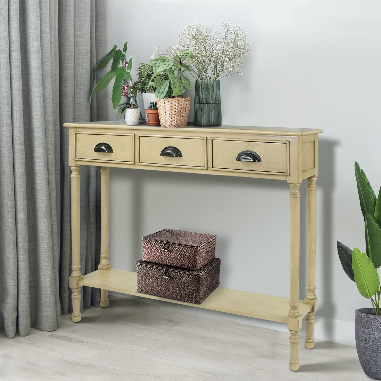 Urbanest Burlington Solid Wood Console Table with 3 Drawers & Lower Shelf – Entryway Table, Hallway Sofa Table, Narrow Accent Table for Living Room – 39.5″ × 9.5″ × 32″ – Beige Farmhouse Decor
