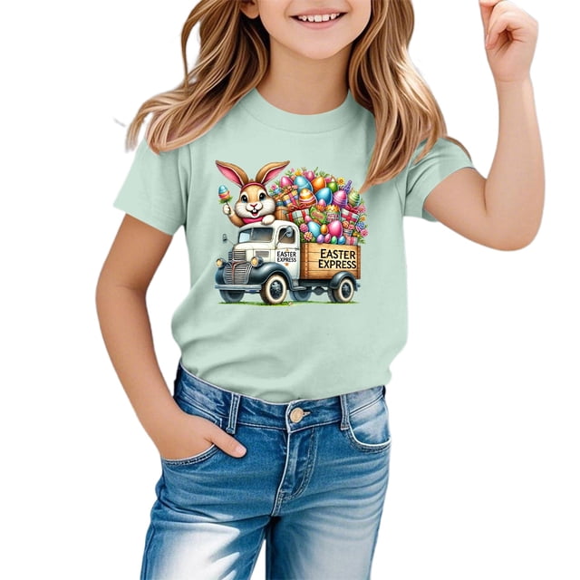 MIASHUI T-Shirts Graphiques de Pâques pour Garçons, Doux, Décontractés, à Manches Courtes, Hauts Colorés pour Enfants, Vert Pâle, 10-11 Ans