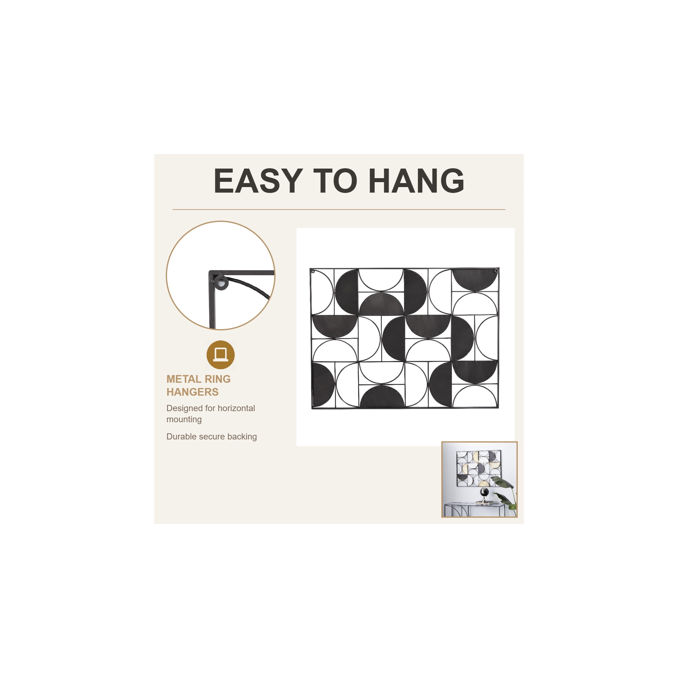 DecMode Black Metal Half Moon Geometric Wall Decor with Gold Details