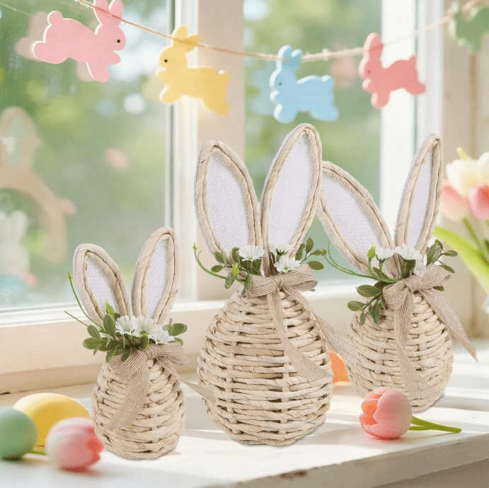 3-Piece Easter Bunny Basket Set - Natural Rattan Wicker Decor with Floral Accents & Spring Vibes