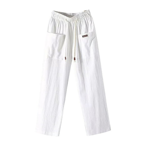 gbyLJF Women's High Waist Palazzo Pants Comfy Pull-On Cotton Linen Straight Leg Pants Baggy Wide Leg Pants with Pockets A01_White XL