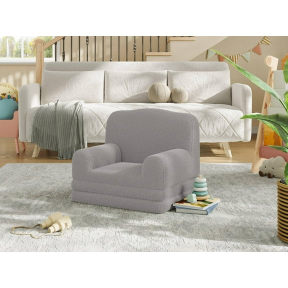 Luku Convertible Kids Sofa Chair – Crown Wave Design Sherpa Toddler Couch, Fold Out Reading Chair with Washable Cover for Playroom, Nursery, Girls & Boys
