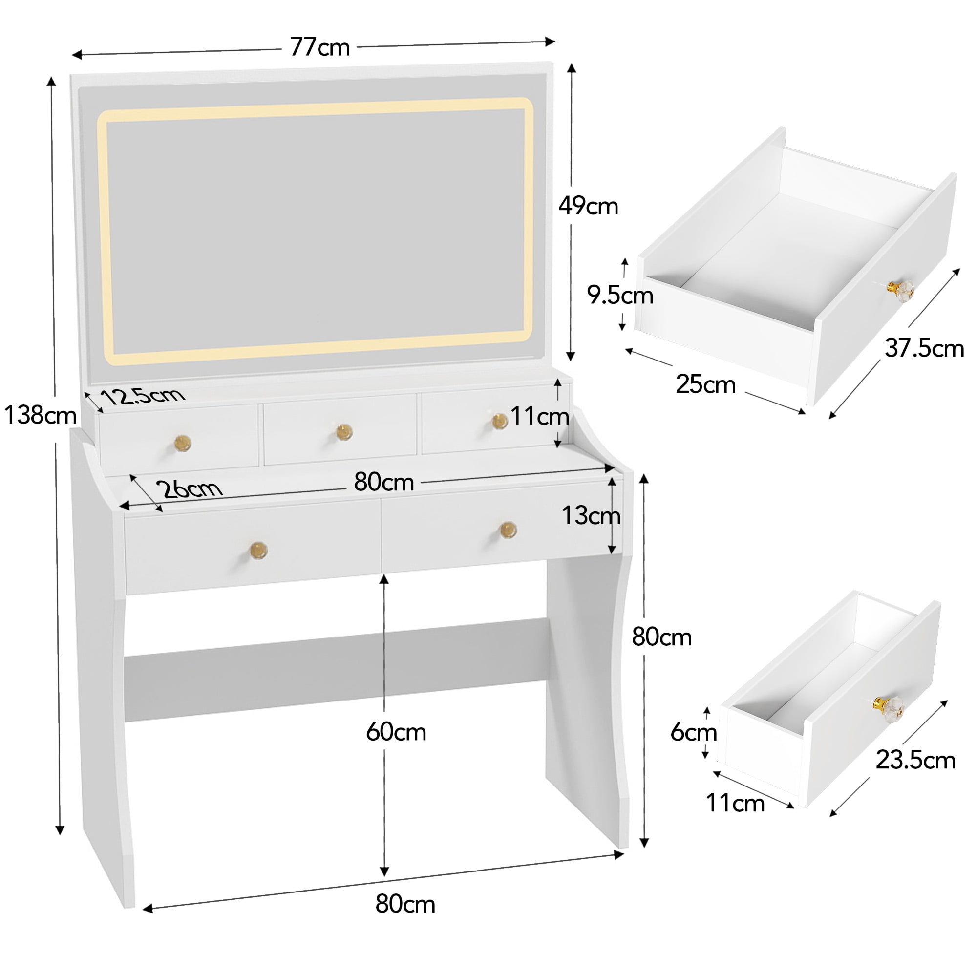 LUCKLIFE White  Vanity Desk with Mirror and Lights, 5 Drawers & Charging Station, Vanity Table and Chair Set